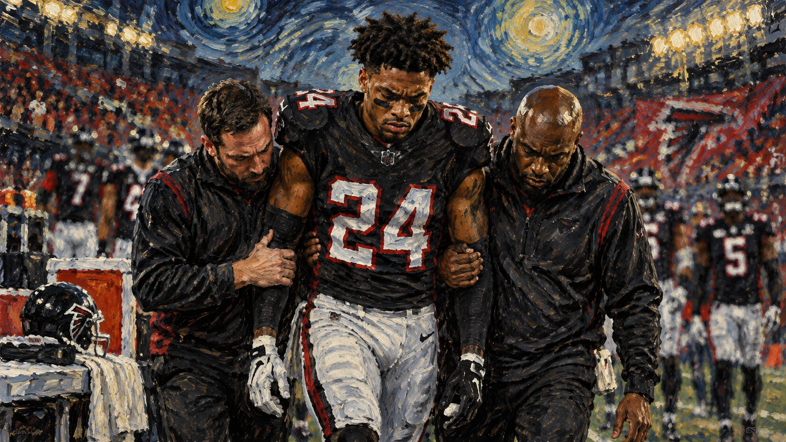 Atlanta Falcons cornerback A.J. Terrell being helped from the field after the groin injury that sent him to injured reserve.