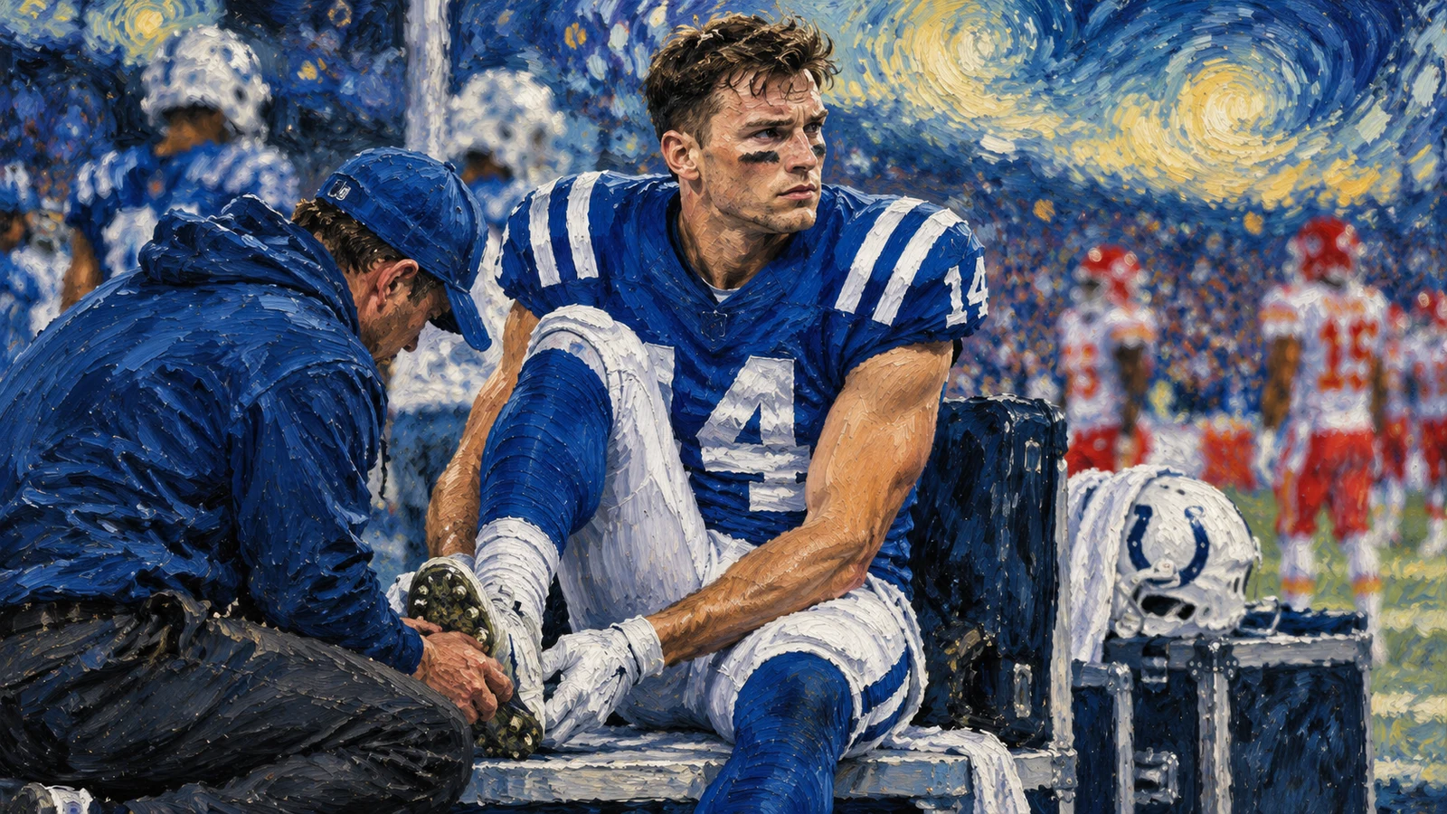 Alec Pierce receiving attention on the Colts sideline after a heel issue before the Week 2 game against the Chiefs.
