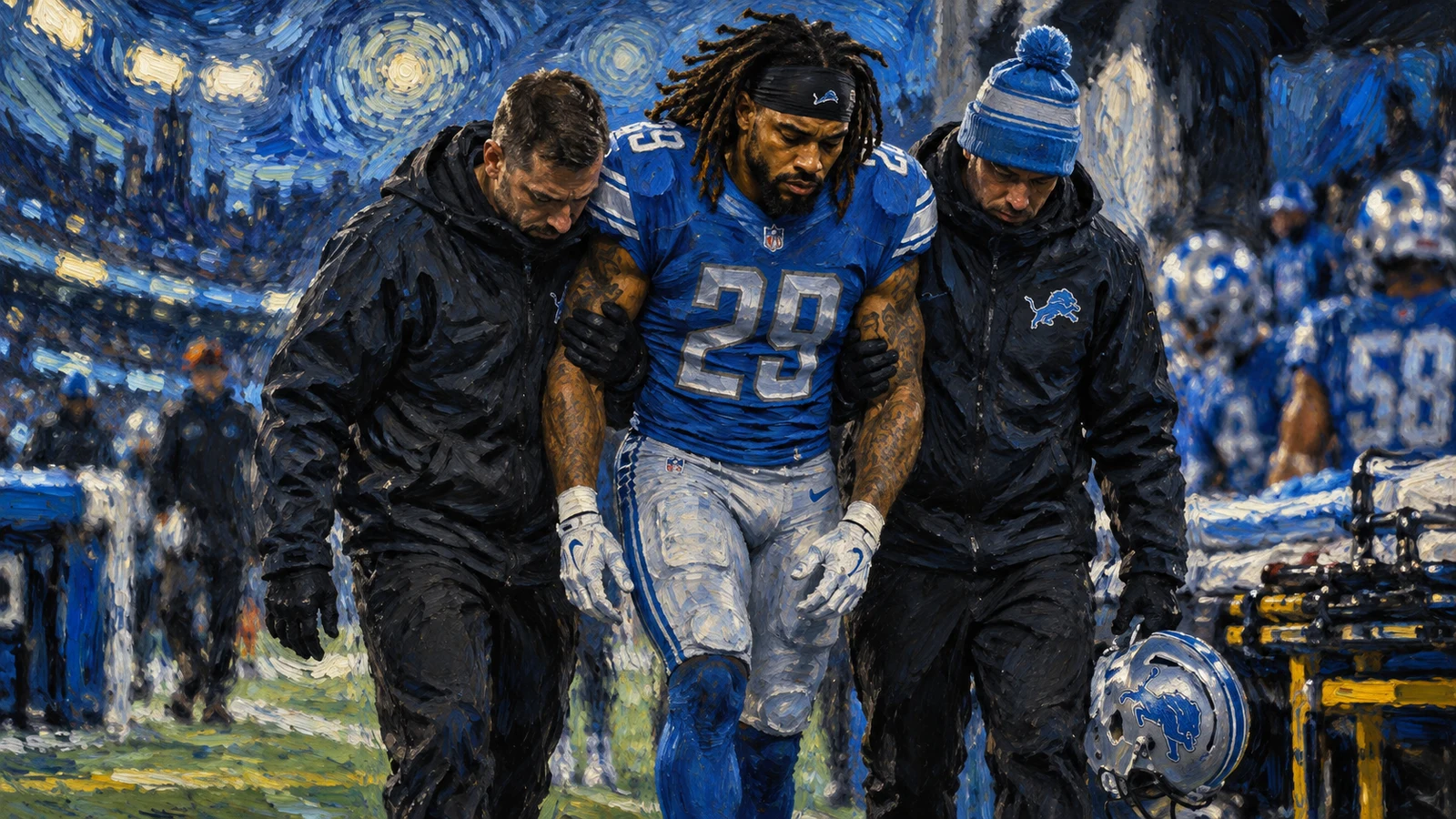 Lions defensive back Avonte Maddox being helped from the field after suffering a foot injury against the Bills.