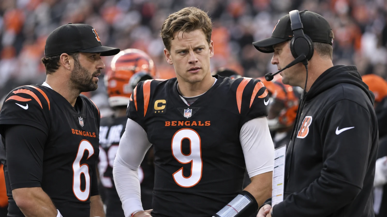 Cincinnati Bengals quarterbacks and coach discussing the Week 2 quarterback situation