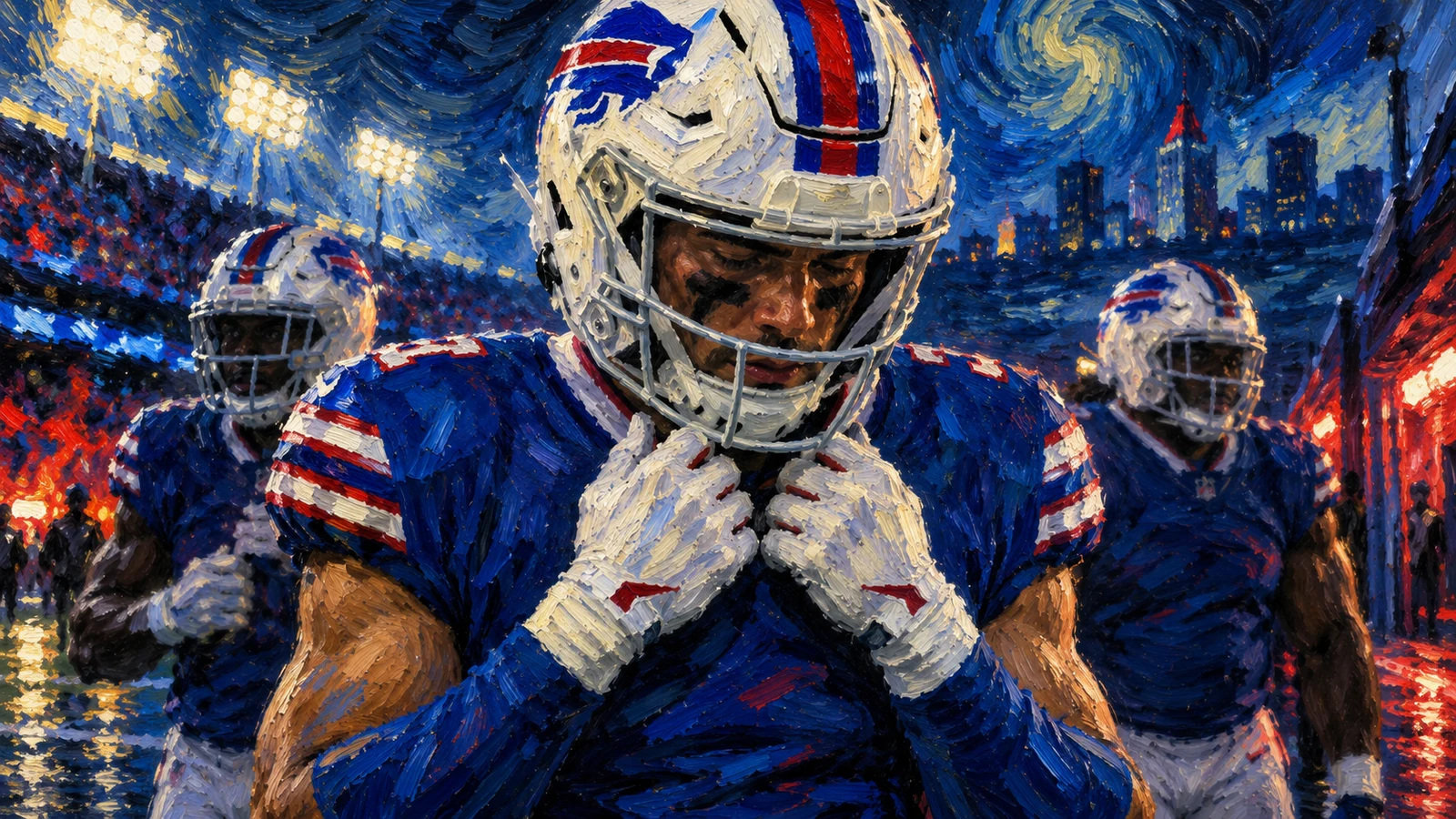 Buffalo Bills editorial illustration representing Cole Bishop, Ty Johnson and T.J. Sanders as questionable ahead of Thursday night against Detroit.