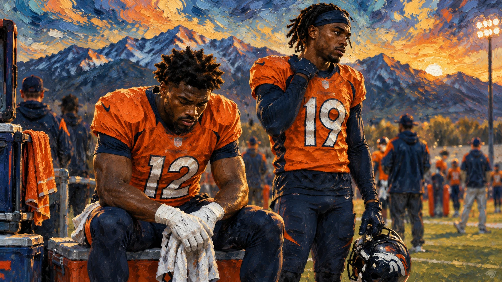 Denver Broncos editorial illustration representing RJ Harvey and Marvin Mims Jr. as injury-report concerns ahead of Week 2 against Jacksonville.