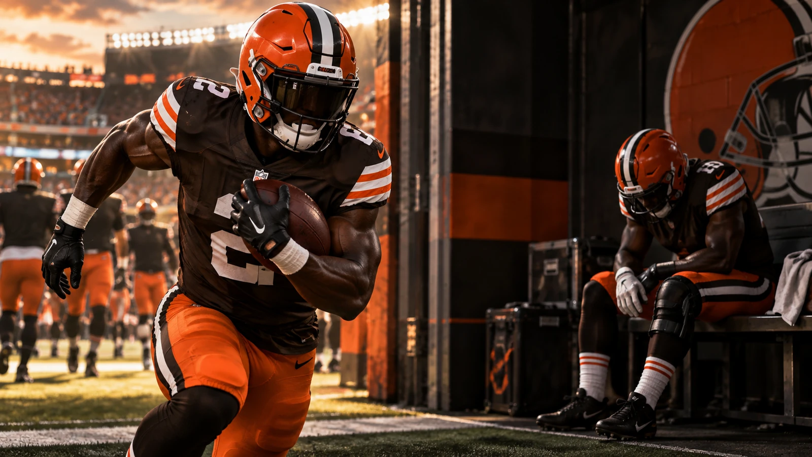 Cleveland Browns backfield transition artwork representing Dylan Sampson's injured reserve move and Jaleel McLaughlin joining the active roster