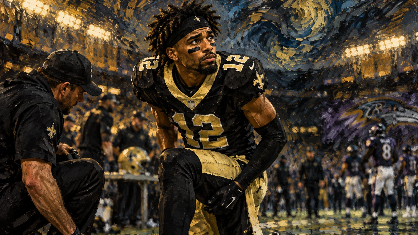 Chris Olave on the New Orleans Saints sideline as the team monitors his hamstring before facing the Ravens.