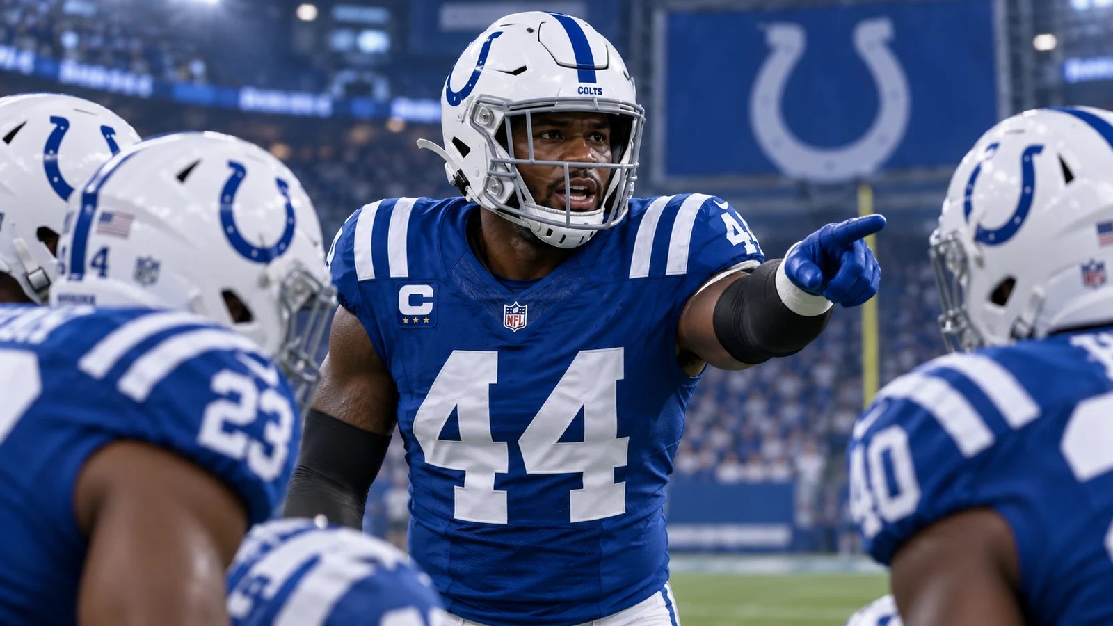 Indianapolis Colts editorial image for linebacker Akeem Davis-Gaither taking over defensive green-dot communication duties for Week 2.