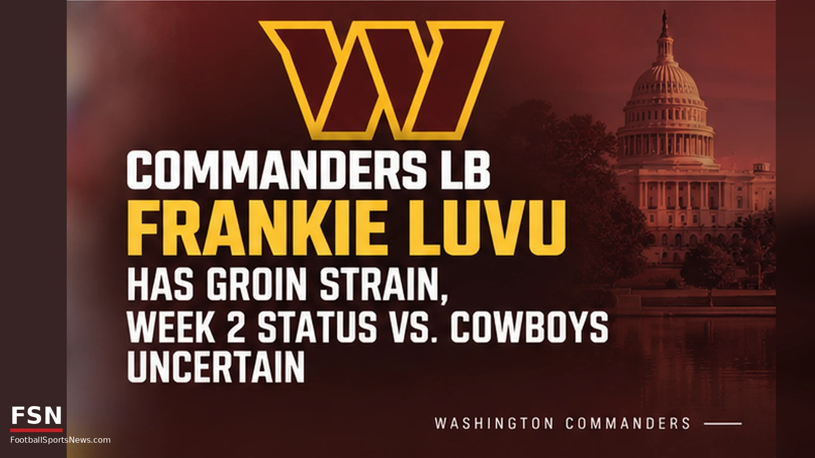 FSN editorial graphic for Washington Commanders linebacker Frankie Luvu and his groin strain ahead of Week 2 against Dallas.