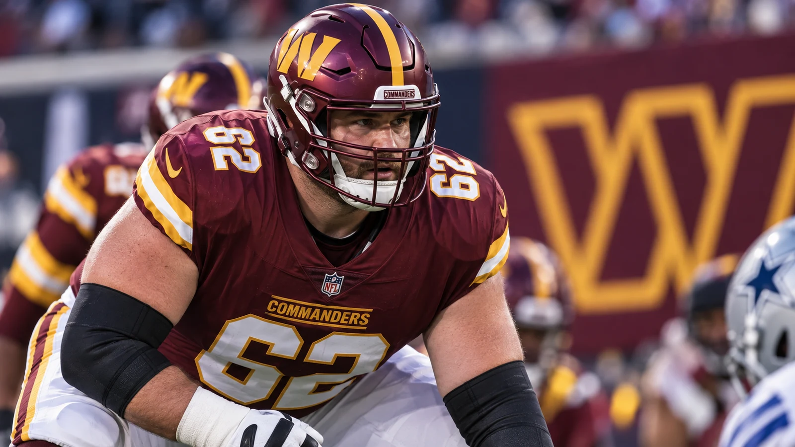 Washington Commanders offensive lineman Lucas Patrick in burgundy and gold before the Week 2 game against Dallas.