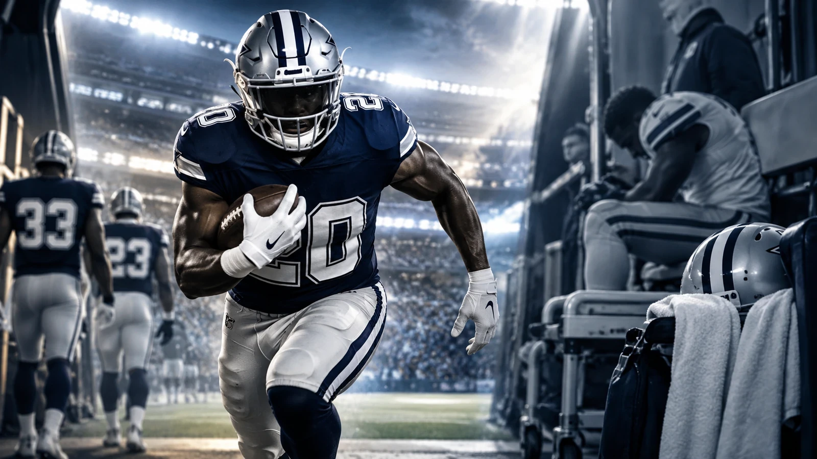 Dallas Cowboys backfield artwork representing Tyler Goodson joining the roster after Malik Davis' season-ending injury