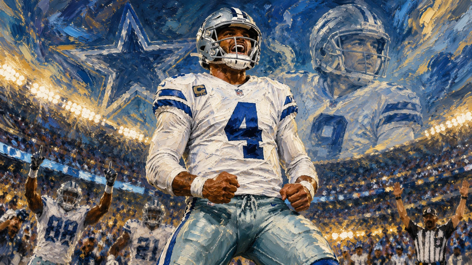 Dallas Cowboys quarterback Dak Prescott celebrating after setting the franchise record with his 249th career touchdown pass.
