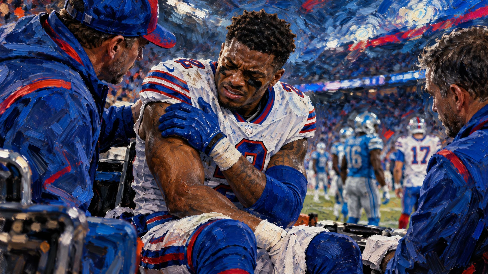 Bills wide receiver DJ Moore receiving sideline attention after suffering a shoulder injury and stinger against the Lions.