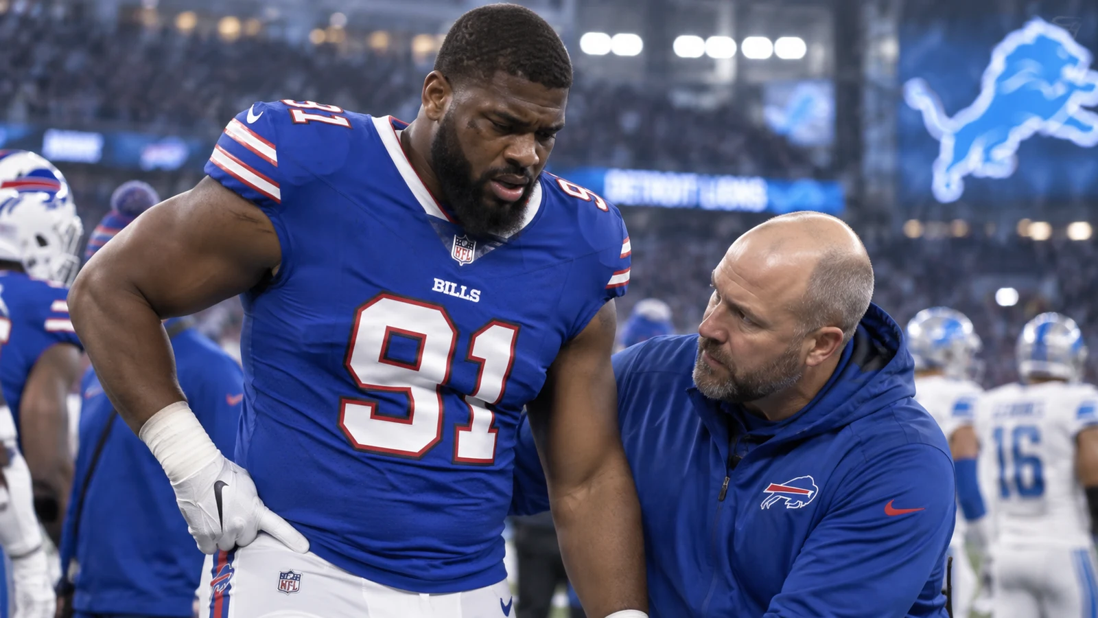 Buffalo Bills defensive tackle Ed Oliver receives medical attention before facing the Detroit Lions.