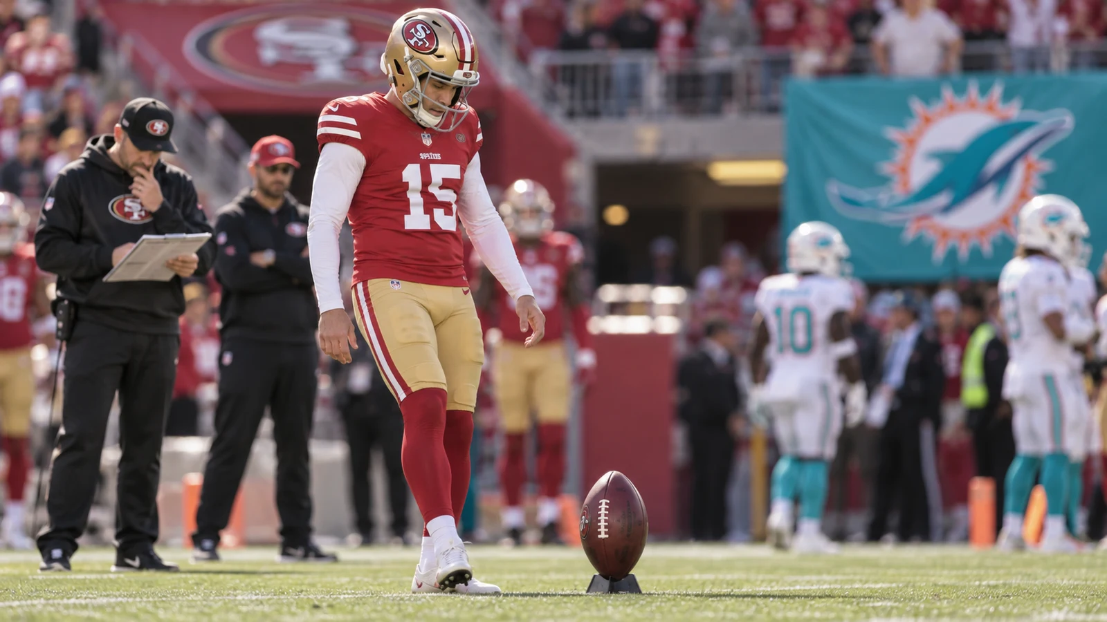 49ers kicker Eddy Piñeiro preparing to kick ahead of San Francisco's Week 2 game against the Dolphins.