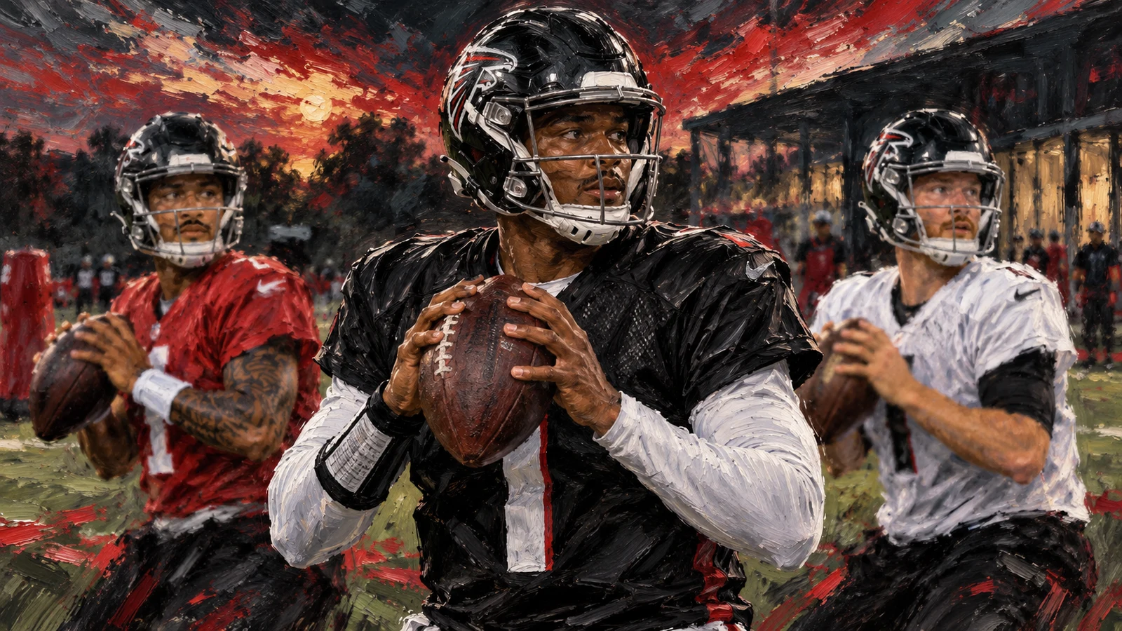 Atlanta Falcons editorial illustration representing the Week 2 quarterback decision involving Tua Tagovailoa, Michael Penix Jr. and Cooper Rush.