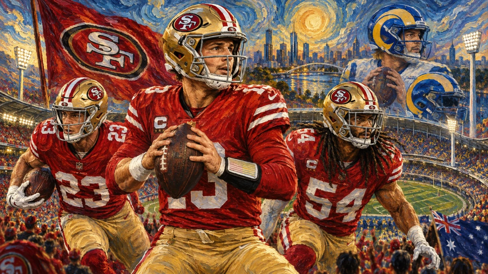 Van Gogh-style editorial artwork of Brock Purdy, Christian McCaffrey and Fred Warner leading the 49ers into a Week 1 Australia showdown with the Rams.