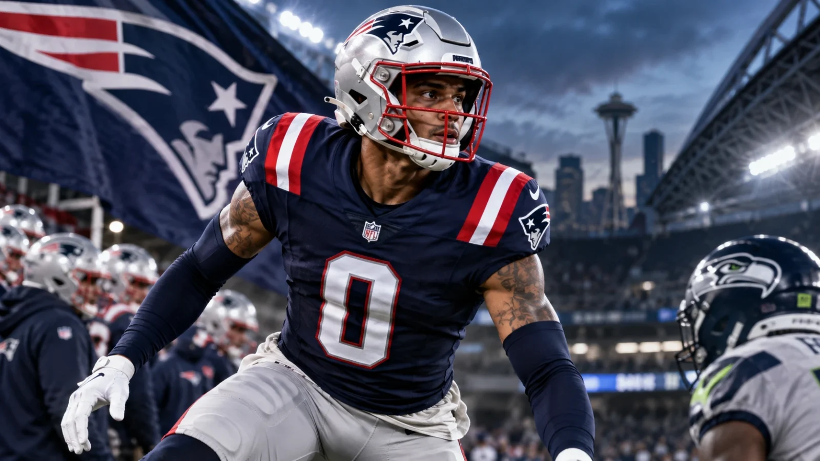 Christian Gonzalez in Patriots uniform under stadium lights with New England and Seattle game context.