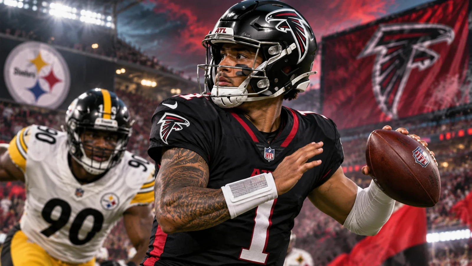 Tua Tagovailoa in an Atlanta Falcons uniform preparing to throw with Falcons and Steelers Week 1 stadium context.