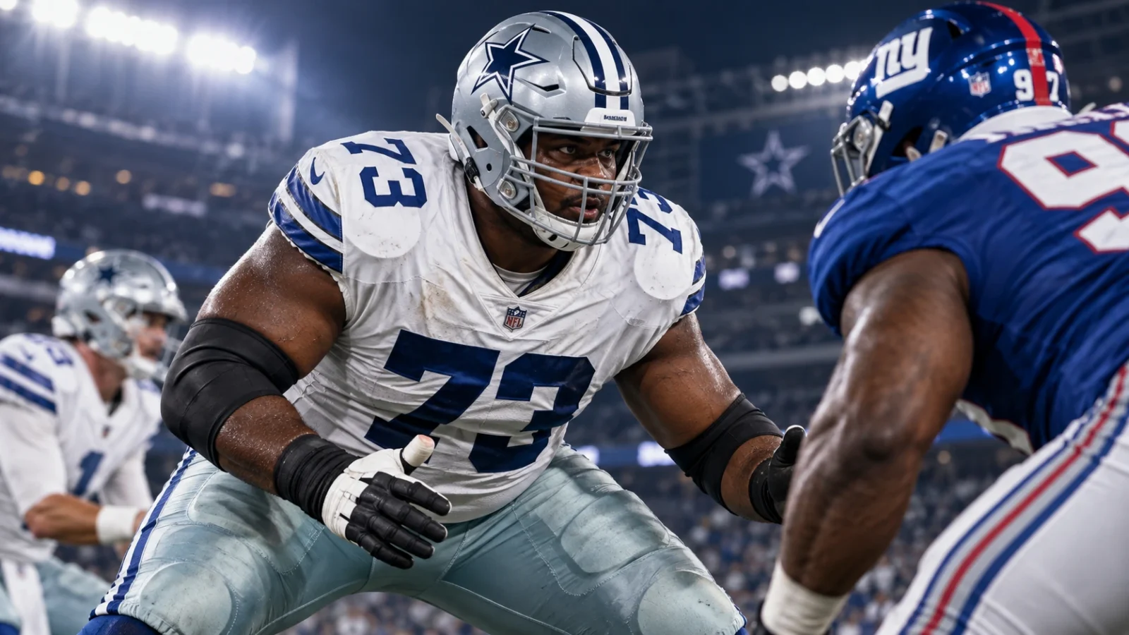 Dallas Cowboys guard Tyler Smith in team uniform with a taped thumb and Cowboys stadium context before the 2026 season.
