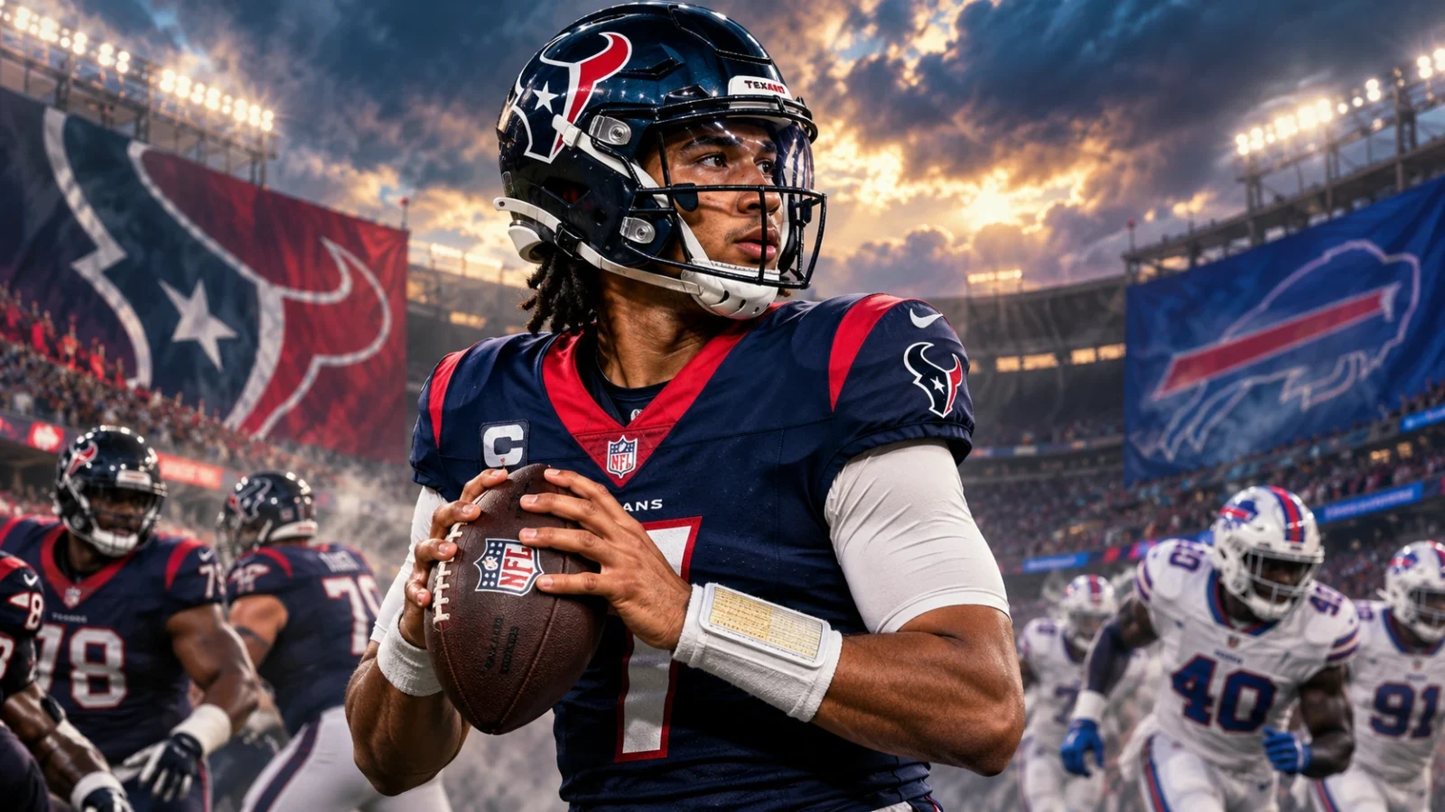 C.J. Stroud in Houston Texans uniform under stadium lights, centered before a pivotal 2026 season opener against Buffalo.