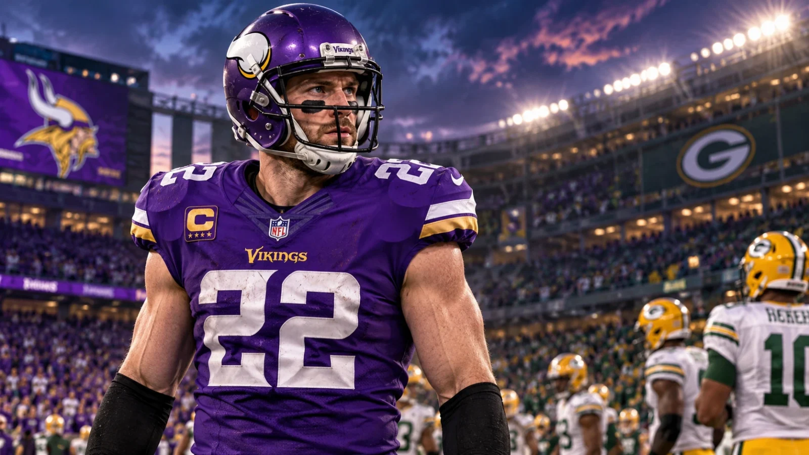 Harrison Smith in Minnesota Vikings purple and gold under stadium lights before a Week 1 rivalry game against Green Bay.