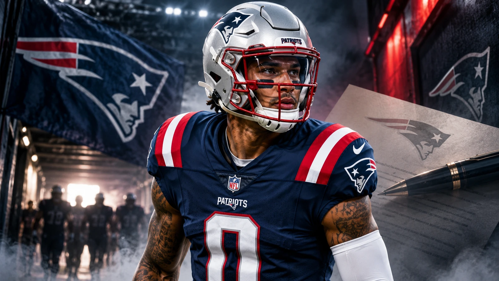 Christian Gonzalez in New England Patriots colors with a contract-signing motif before the 2026 season opener