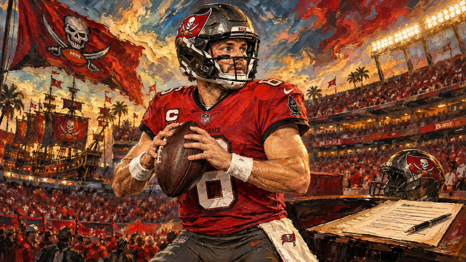 Post-impressionist editorial illustration of Baker Mayfield in Tampa Bay Buccaneers colors beside a contract and stadium lights