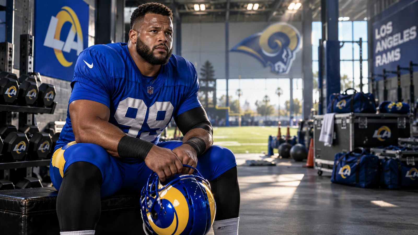 Aaron Donald in Los Angeles Rams colors at the team training facility as his Week 1 return is delayed