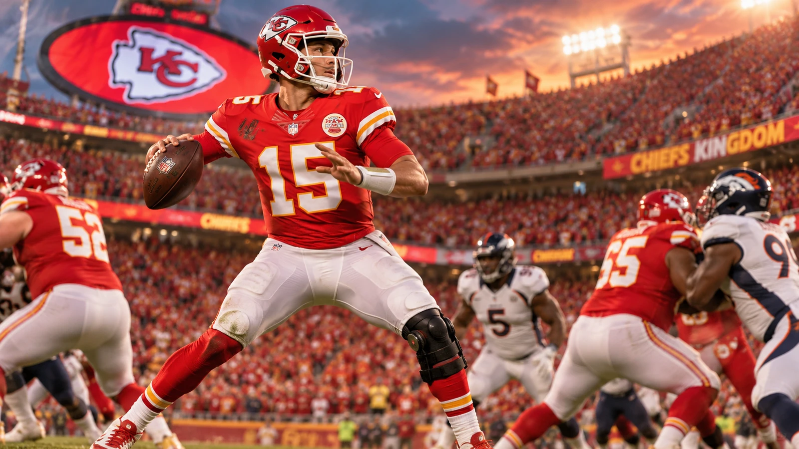 Patrick Mahomes in Kansas City Chiefs colors with a visible knee brace preparing to face Denver in Week 1