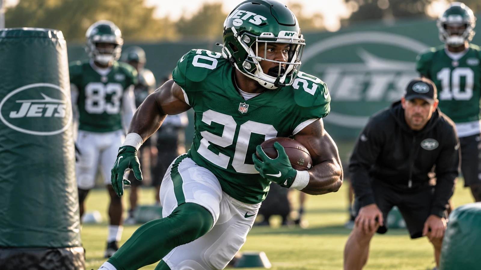 Breece Hall cutting with the football during a New York Jets practice as he works back from a groin injury