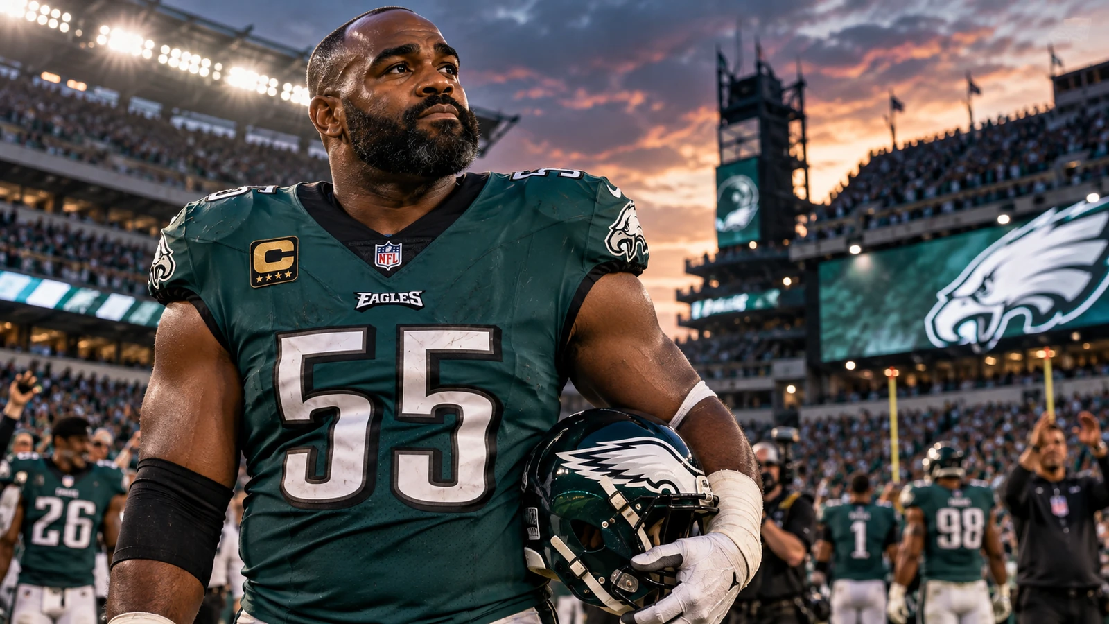 Brandon Graham in Philadelphia Eagles colors holding his helmet under stadium lights in a retirement-themed editorial portrait