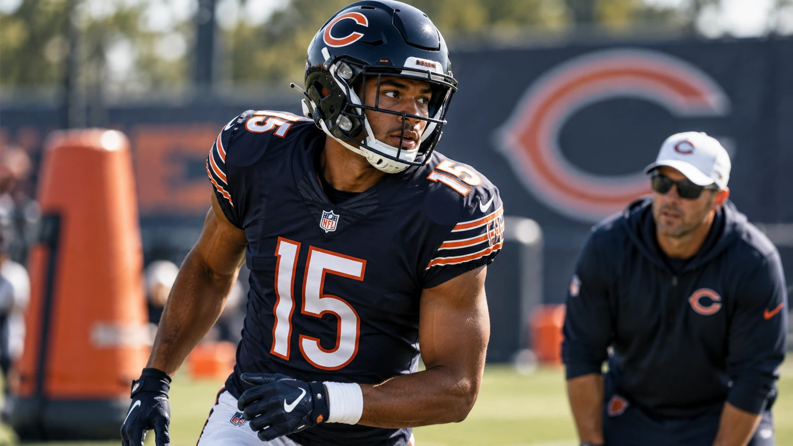 Rome Odunze in Chicago Bears colors during practice as the team monitors his Week 1 injury status
