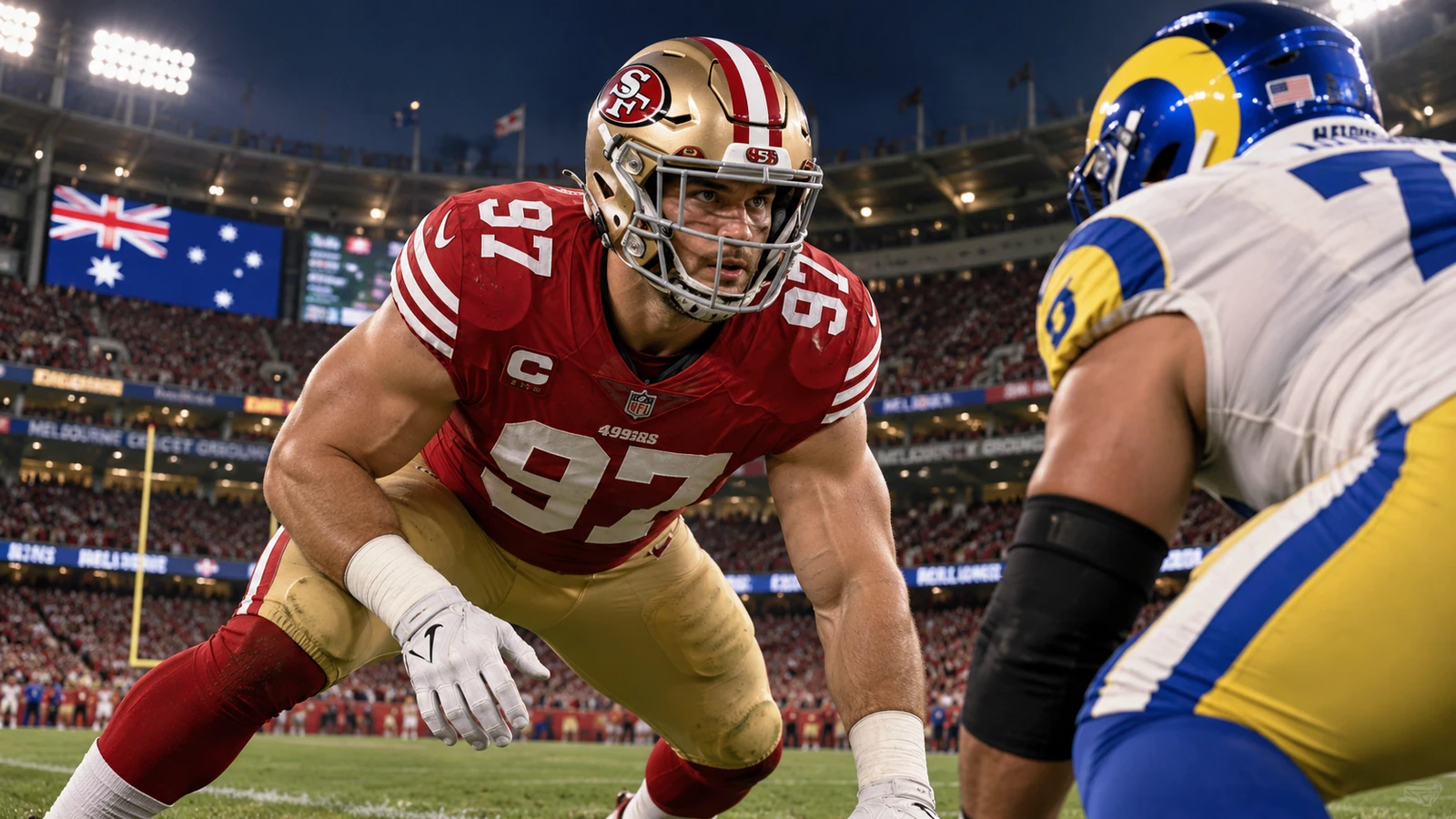 Nick Bosa in San Francisco 49ers colors lining up against the Rams under the lights in Melbourne
