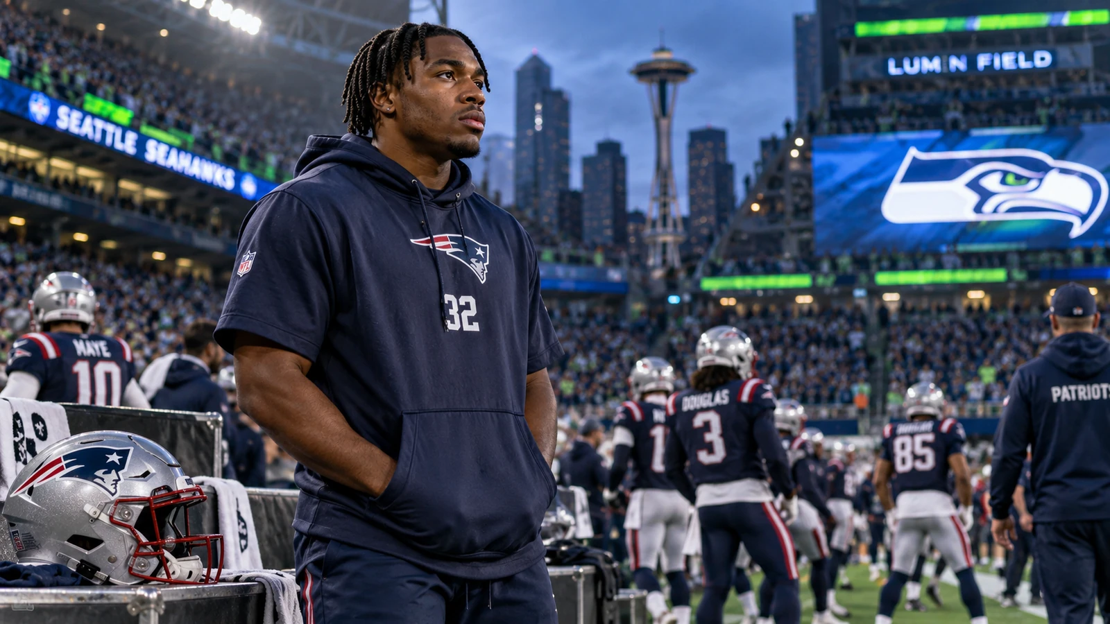 TreVeyon Henderson in New England Patriots colors on the sideline in Seattle before the Week 1 opener