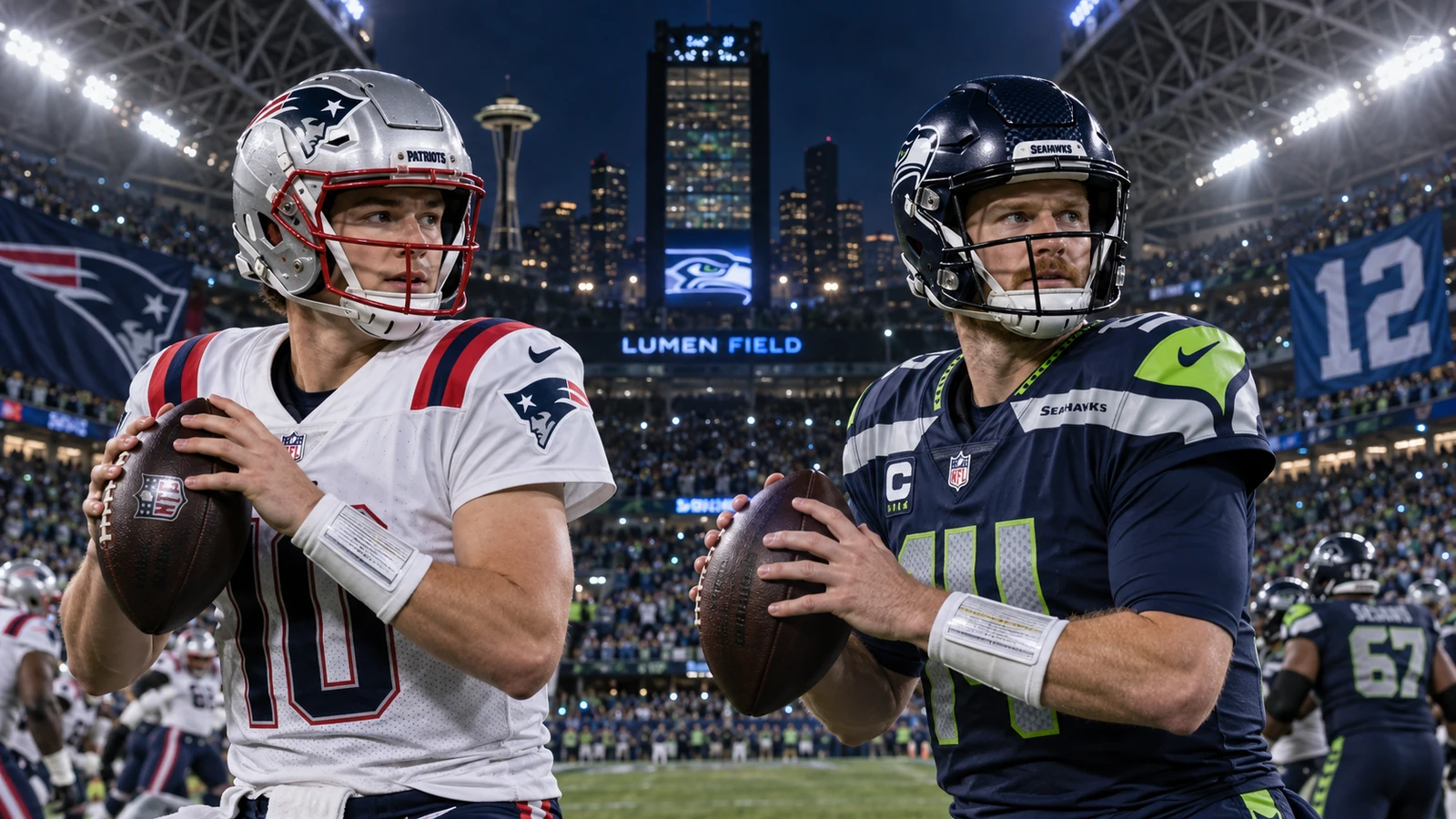 Stylized editorial illustration of Drake Maye No. 10 and Sam Darnold No. 14 in Patriots and Seahawks colors before the 2026 Week 1 Super Bowl rematch