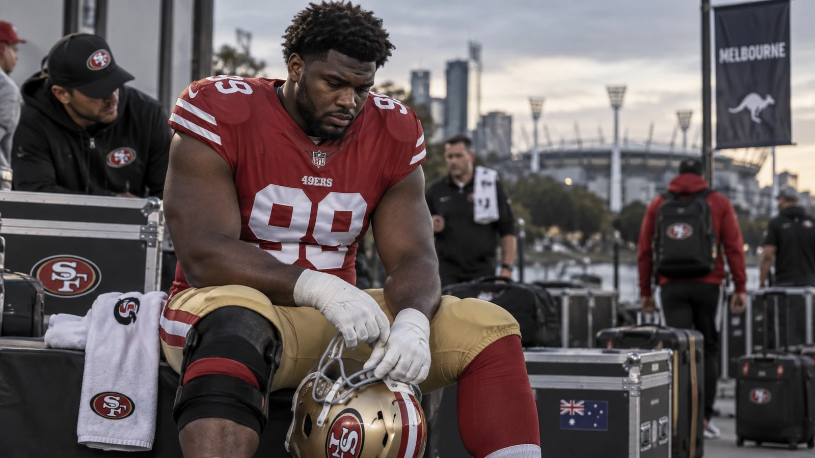 Stylized editorial illustration of Alfred Collins No. 95 in 49ers colors with a sideline knee-brace motif after his season-ending injury in Melbourne