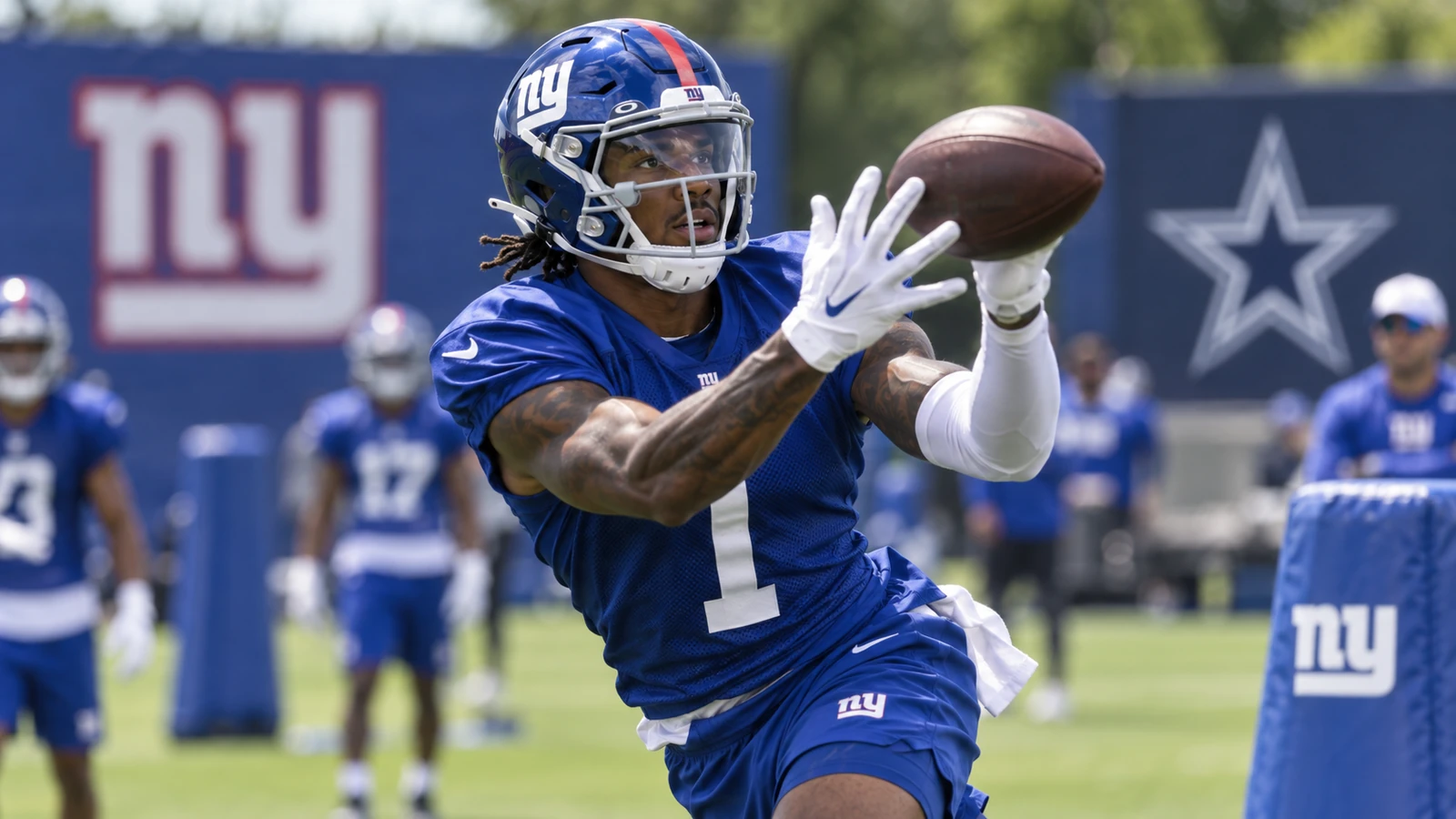 Stylized editorial illustration of Malik Nabers No. 1 in New York Giants colors with a football during his Week 1 return push
