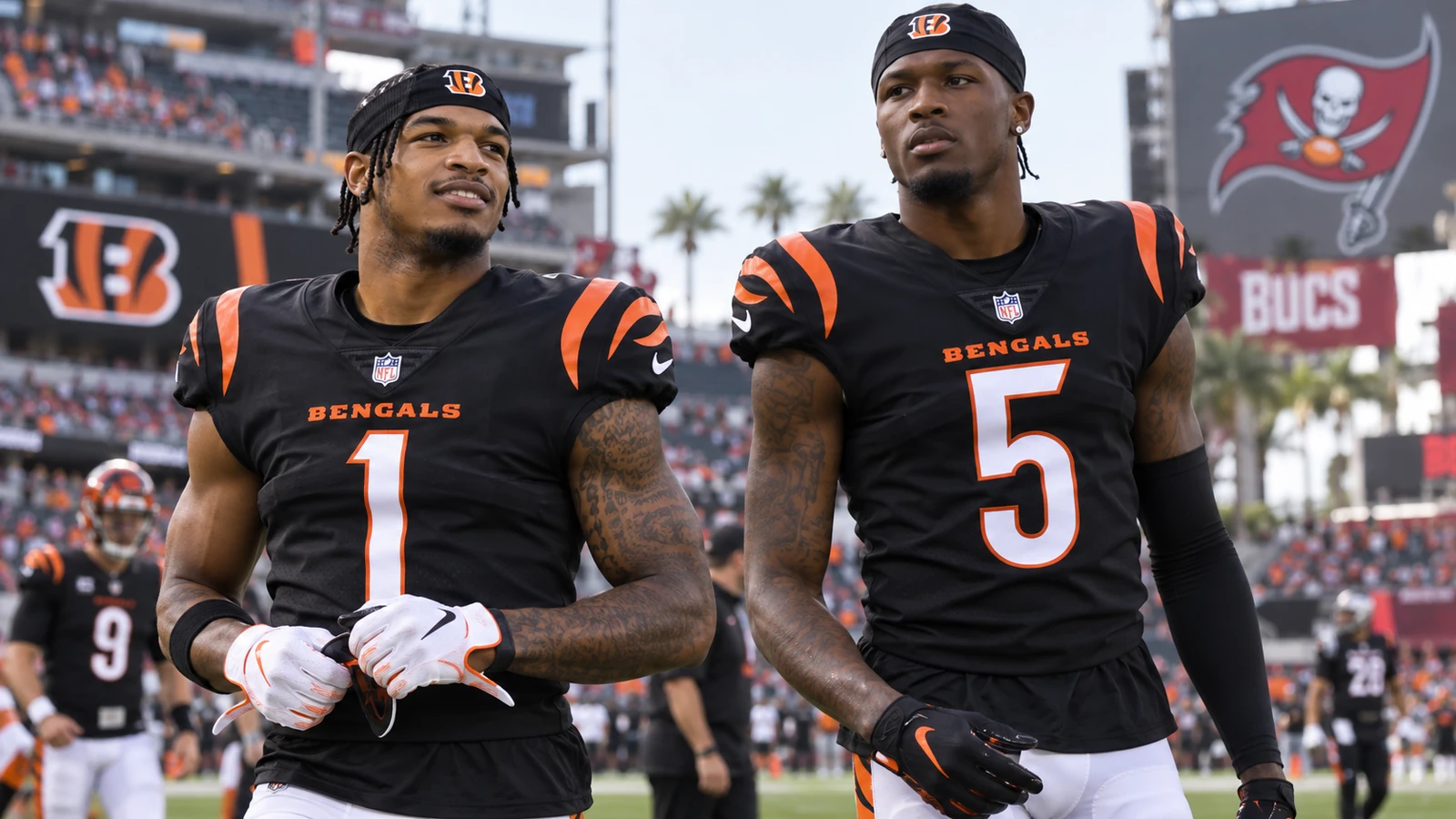 Stylized editorial illustration of Ja’Marr Chase No. 1 and Tee Higgins No. 5 in Bengals colors ahead of Week 1 against Tampa Bay