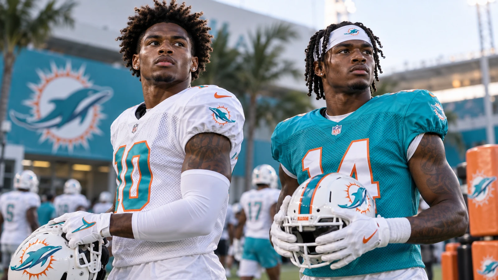 Stylized editorial illustration of Dolphins rookie receivers Caleb Douglas No. 7 and Chris Bell No. 18 as Week 1 starters