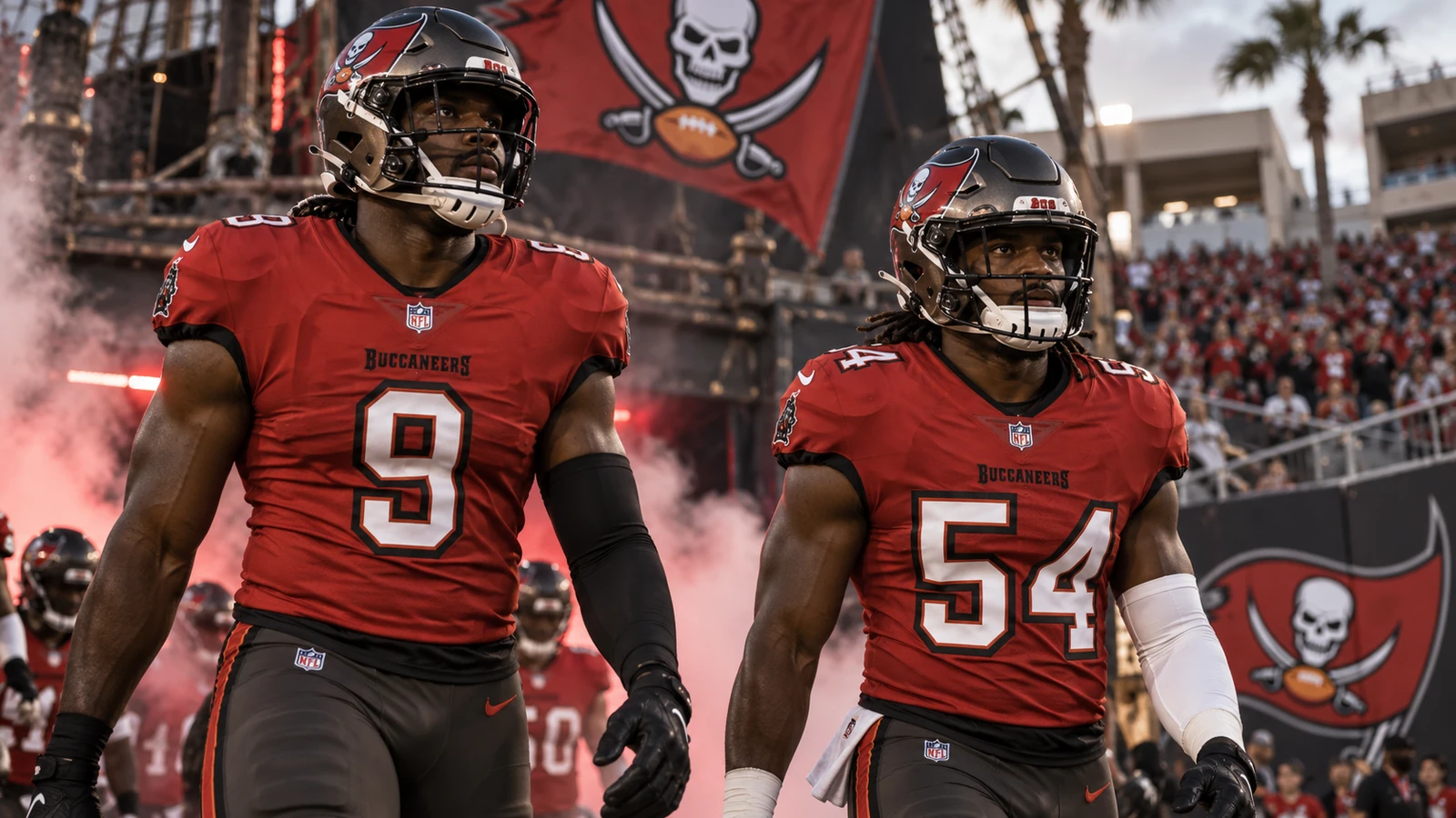 Stylized editorial illustration of Buccaneers rookies Rueben Bain Jr. No. 3 and Josiah Trotter No. 45 as Week 1 defensive starters