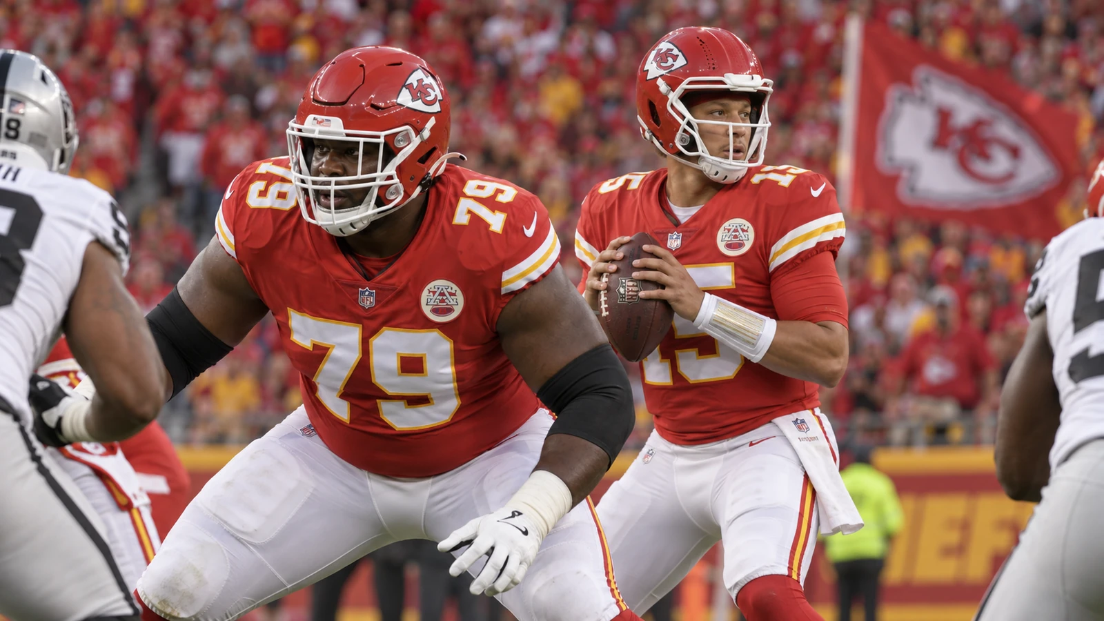 Stylized editorial illustration of Chiefs tackle Kahlil Benson No. 70 with Patrick Mahomes No. 15 in the background before Week 1 against Denver