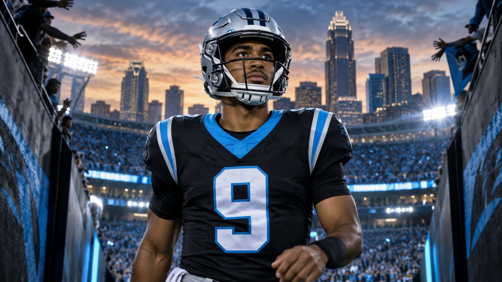 Carolina Panthers-themed editorial graphic built around Bryce Young’s No. 9 and team colors