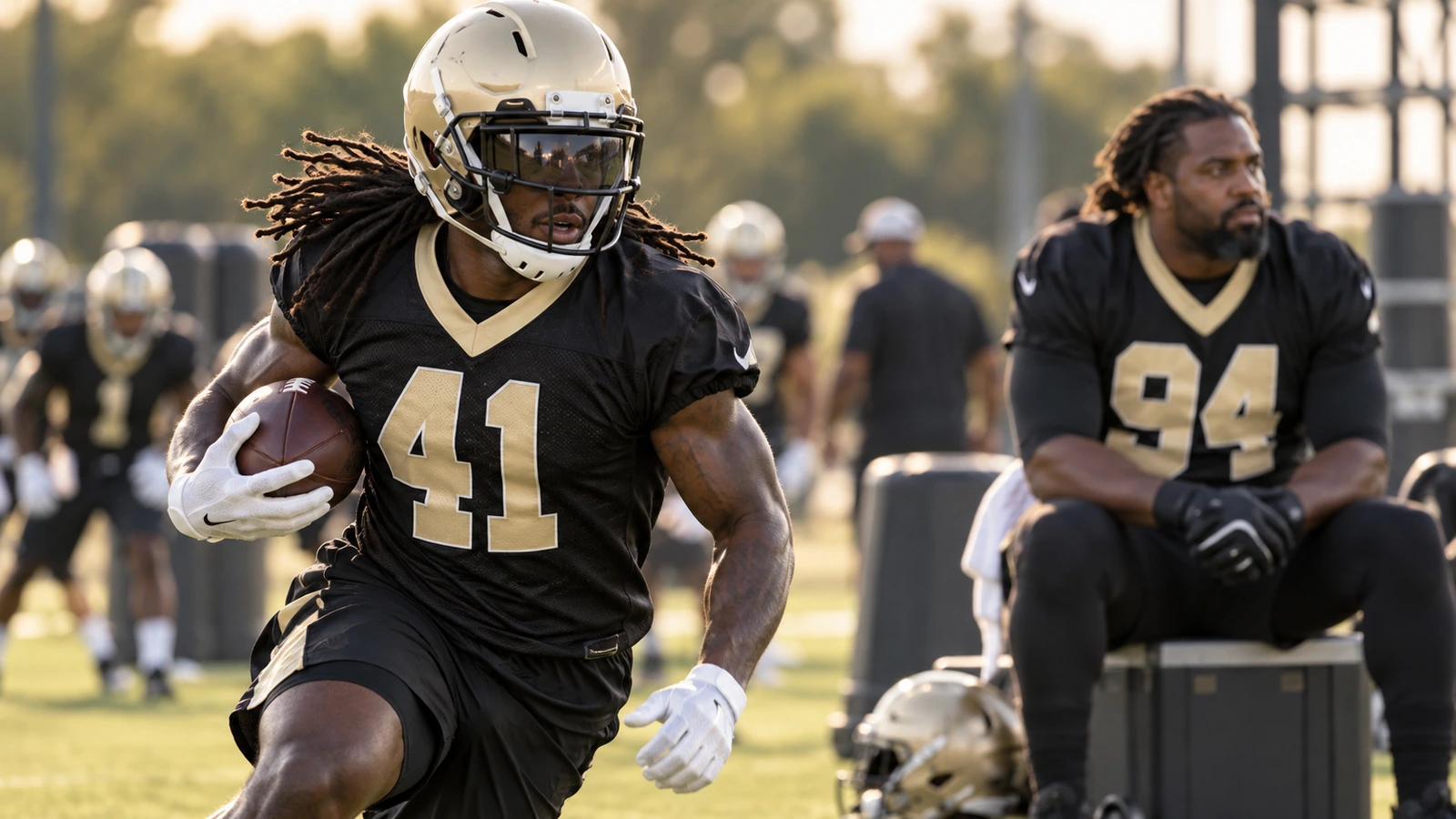 New Orleans Saints-themed editorial graphic built around Alvin Kamara’s No. 41 and team colors