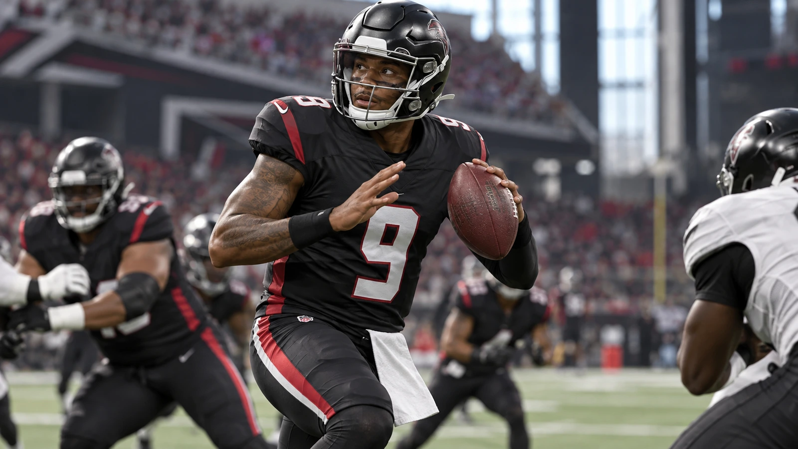 Atlanta Falcons-themed editorial graphic built around Michael Penix Jr.’s No. 9 and team colors