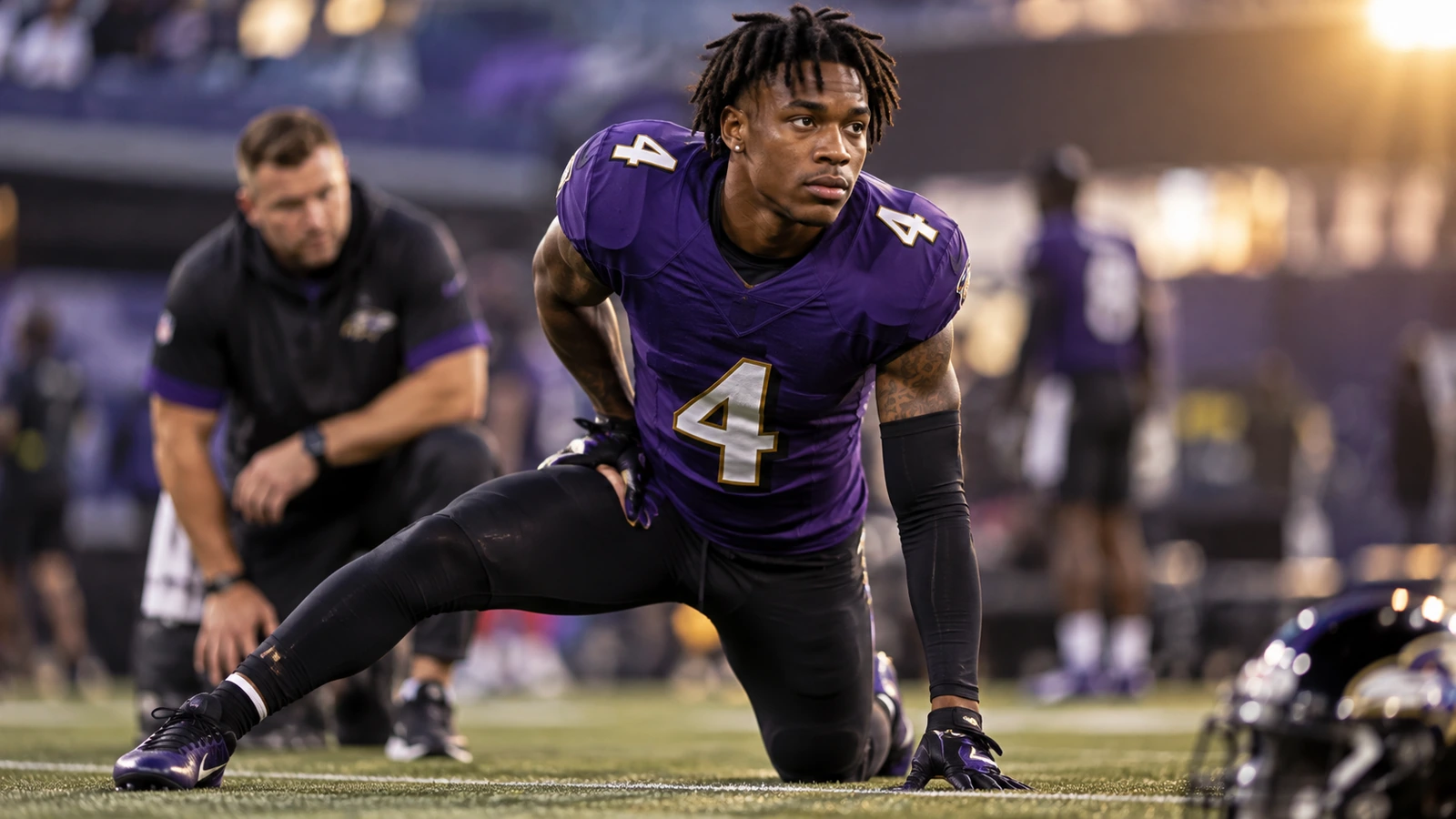 Baltimore Ravens-themed editorial graphic built around Zay Flowers’ No. 4 and team colors