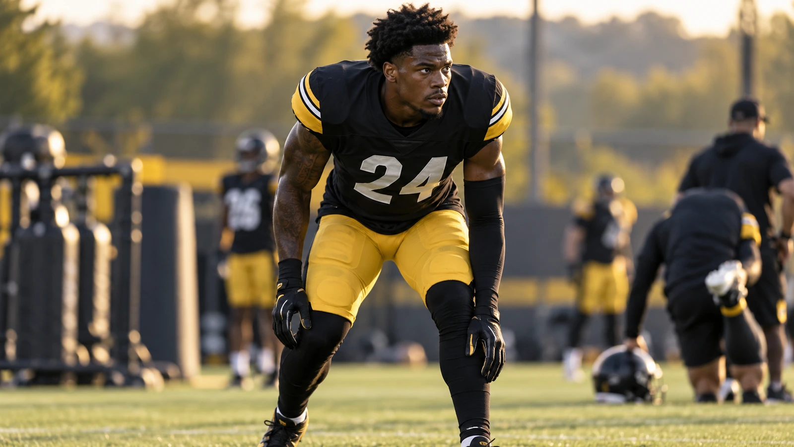 Pittsburgh Steelers-themed editorial graphic built around Joey Porter Jr.’s No. 24 and team colors