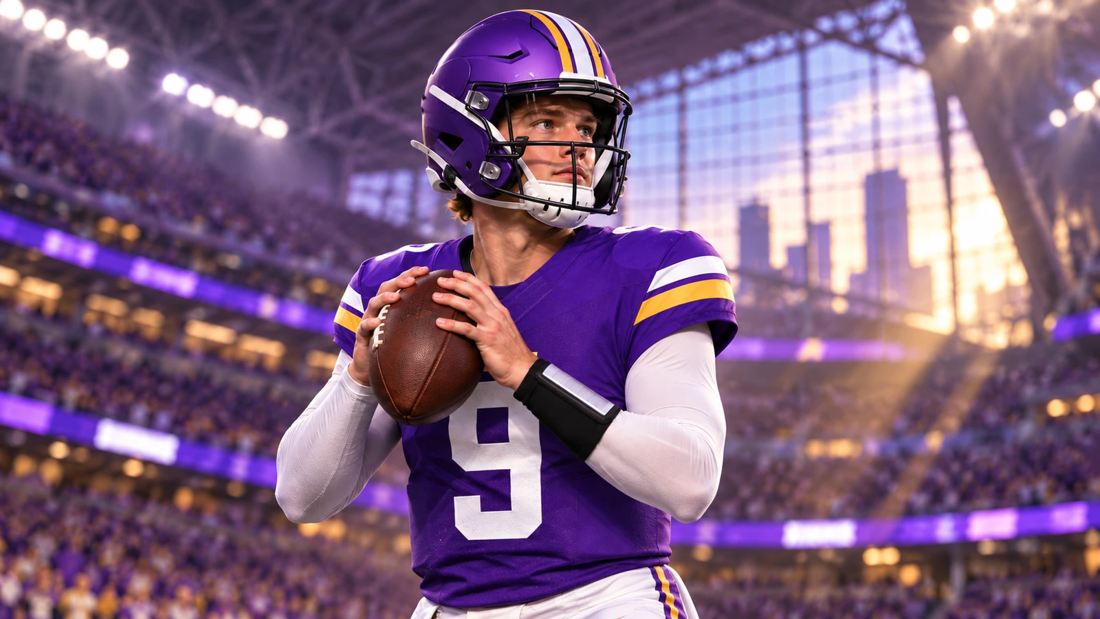 Logo-free editorial illustration of J.J. McCarthy in Minnesota purple and gold preparing on the sideline after being listed as the Vikings' third quarterback