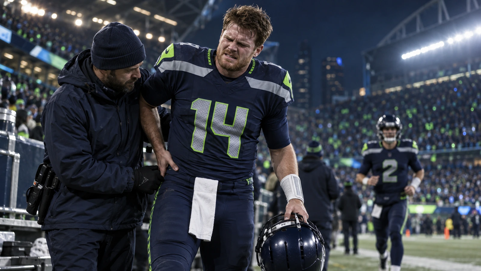 Logo-free editorial illustration of Sam Darnold in Seattle navy and neon green walking toward the tunnel after a hip injury
