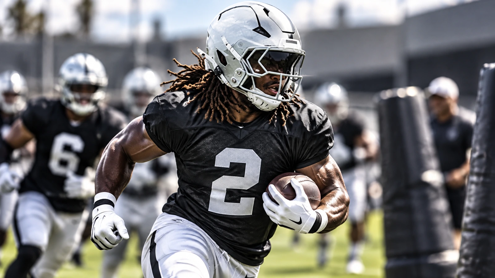 Logo-free editorial illustration of Ashton Jeanty in black and silver No. 2 gear running through a Las Vegas practice drill