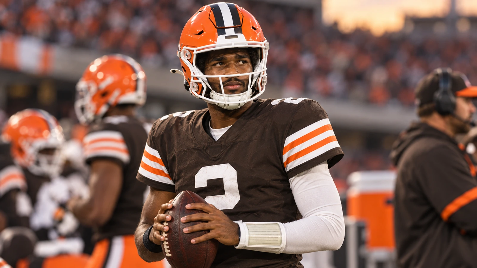 Logo-free editorial illustration of Shedeur Sanders in Cleveland brown and orange No. 12 gear preparing as the Browns' Week 1 backup quarterback