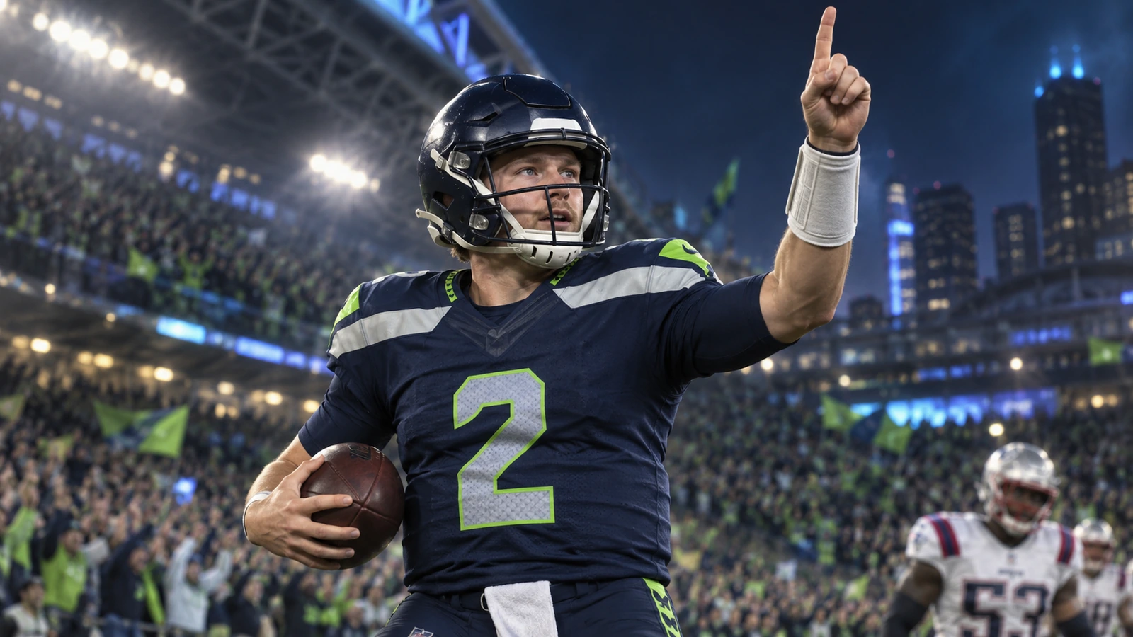 Logo-free editorial illustration of Seattle backup quarterback Drew Lock in navy and neon green No. 2 gear celebrating a Week 1 comeback win