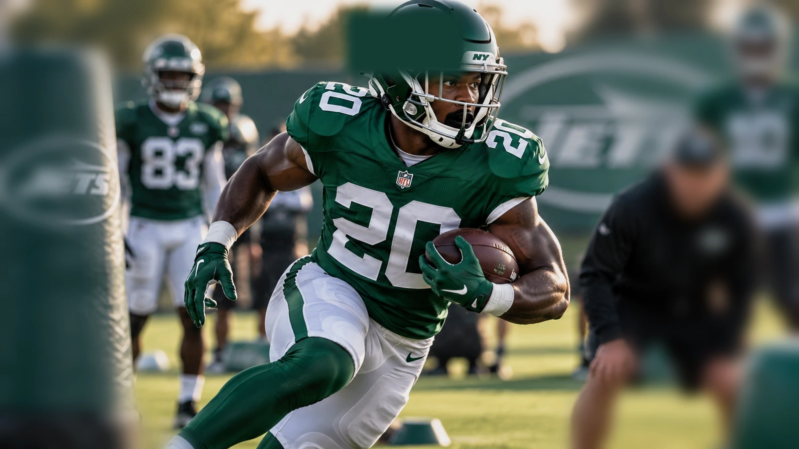 Breece Hall running through a New York Jets practice drill ahead of Week 1.